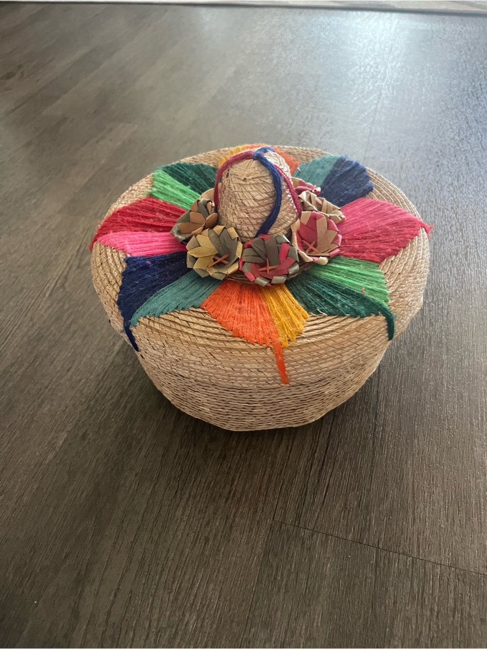 Handwoven Multicolor Straw Basket with Floral Accent